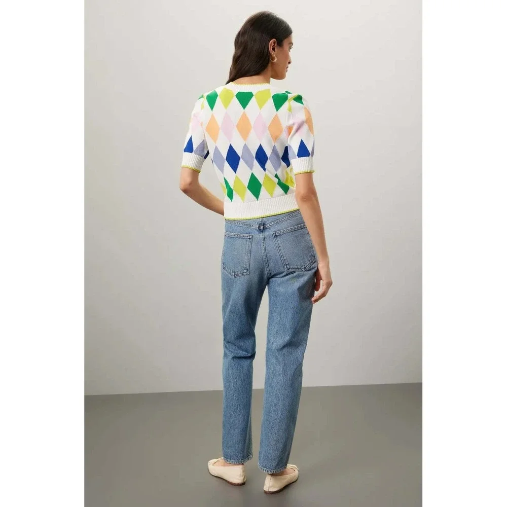 Kate Spade Sprint Argyle Sweater Ivory V-Neck Short Sleeve Top Women Sz S